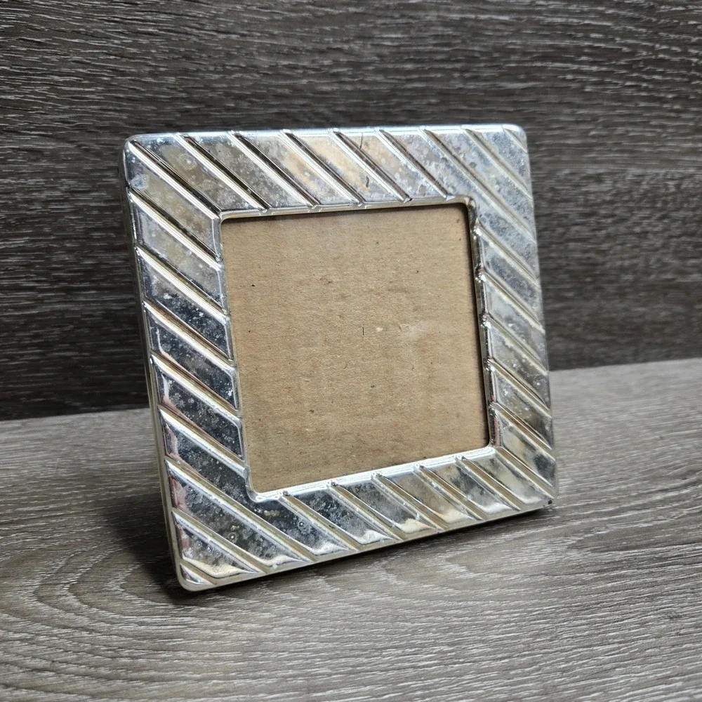 Vintage Silver Tone Metal Square Picture Frame 3x3 Tabletop Stand Art Deco Korea